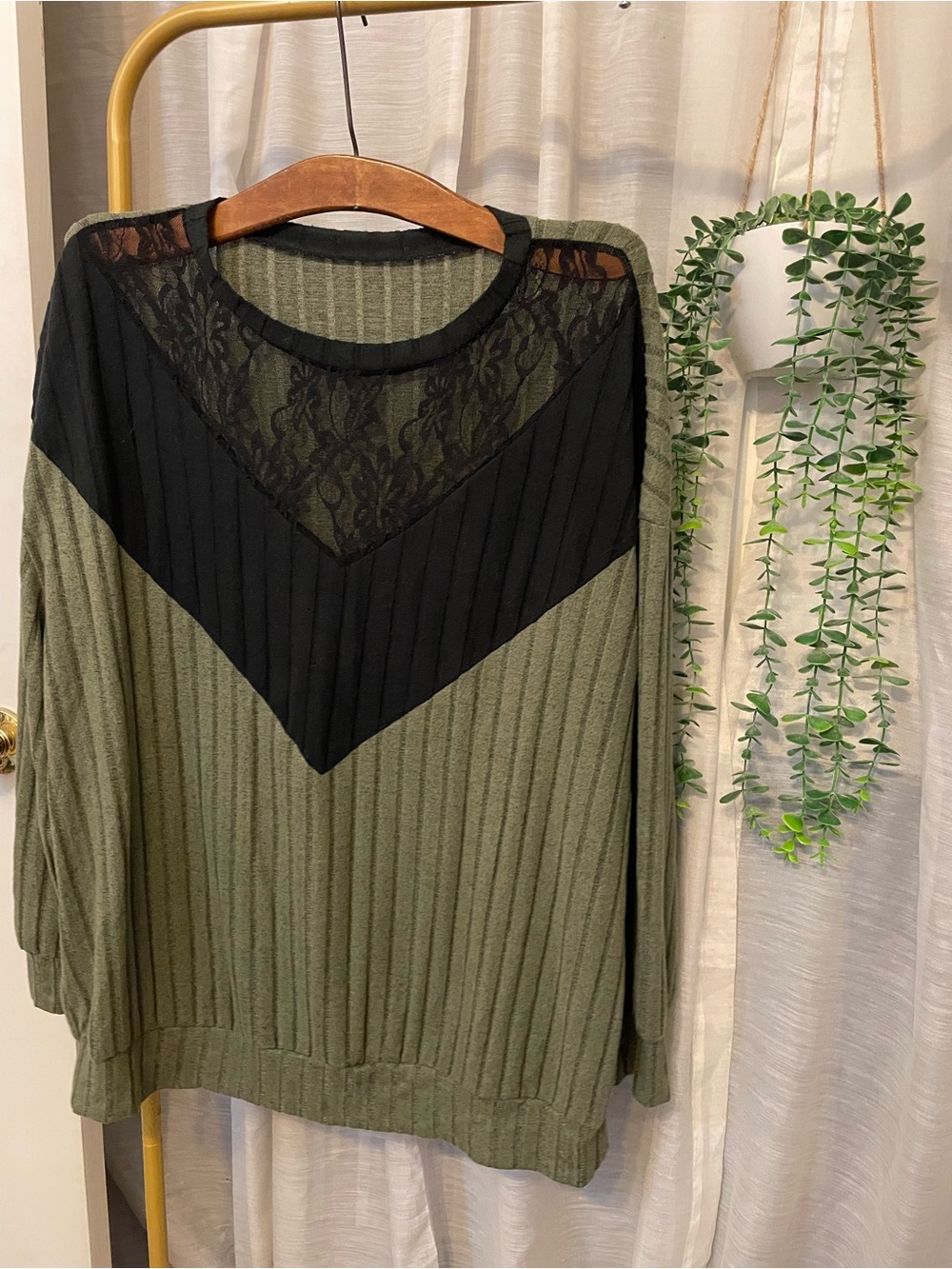 Olive Green and Black Lace-Accent Women's knit top